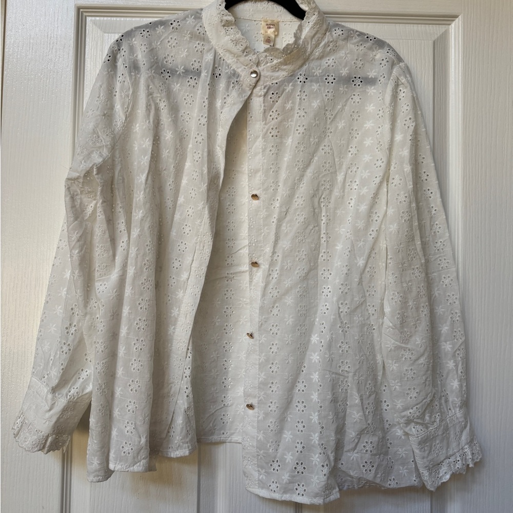Chic White Eyelet Button Down Shirt